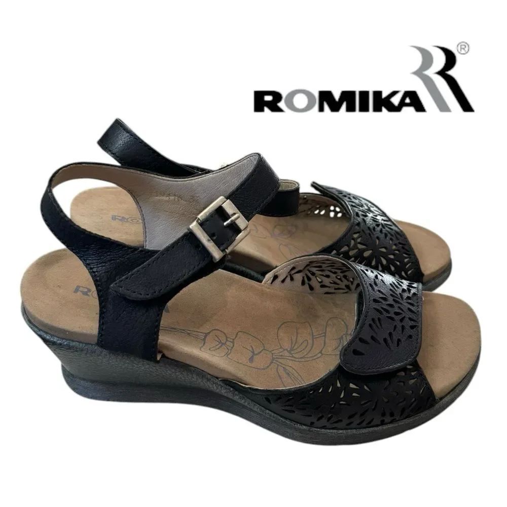 New Romika German Women's Black Leather Wedge Sandals 37 6 6.5